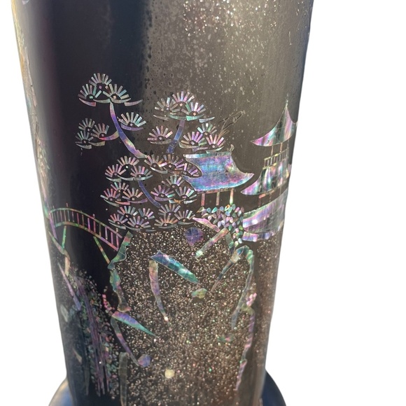 RARE SET OF 2 HOLLYWOOD REGENCY BLACK LAQUER MOTHER OF PEARL INLAY TABLE LAMP - Picture 7 of 16